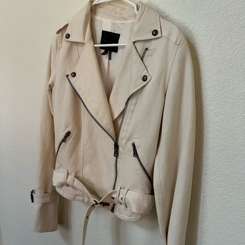 PAIGE | Rhoda Linen Blend Flared Sleeves Moto Belted Jacket Papyrus | Size XS - Picture 3 of 11